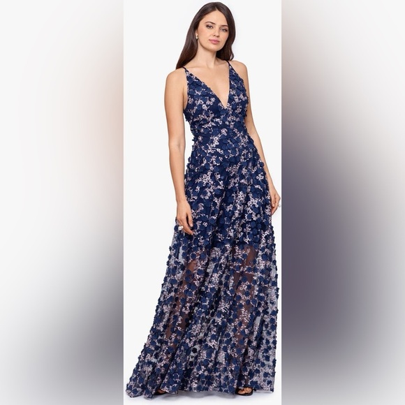 Xscape Evenings Xscape 3D Floral V Neck Gown Wedding Guest Formal Evening Gown - Picture 5 of 12